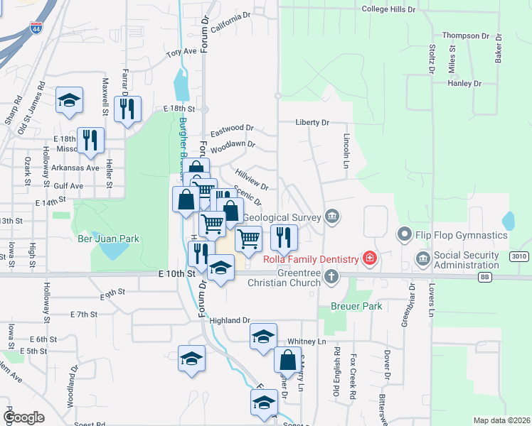 map of restaurants, bars, coffee shops, grocery stores, and more near 1407 Scenic Drive in Rolla