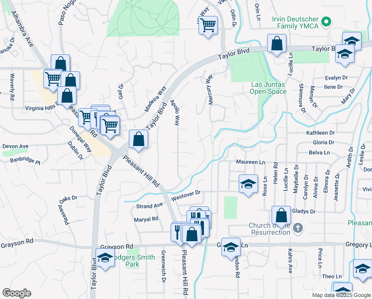 map of restaurants, bars, coffee shops, grocery stores, and more near 487 Malaga Way in Pleasant Hill