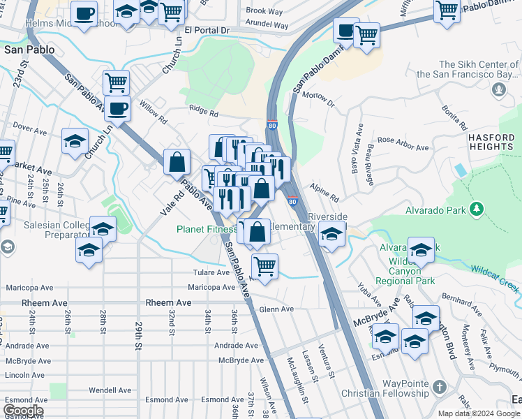 map of restaurants, bars, coffee shops, grocery stores, and more near 2394 San Pablo Dam Road in San Pablo