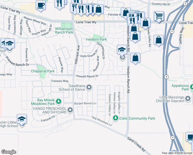 map of restaurants, bars, coffee shops, grocery stores, and more near 5409 Wildrose Court in Antioch