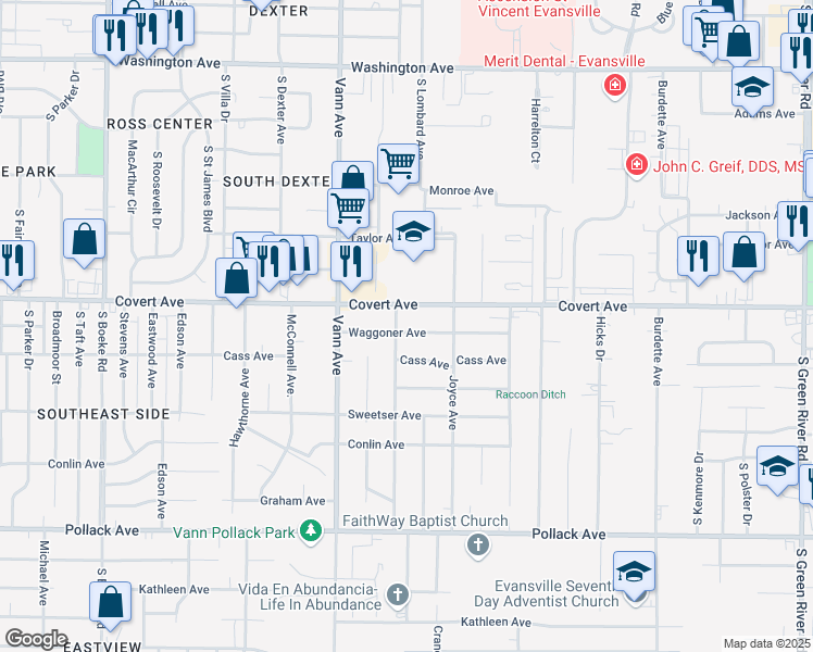 map of restaurants, bars, coffee shops, grocery stores, and more near 3404 Waggoner Avenue in Evansville