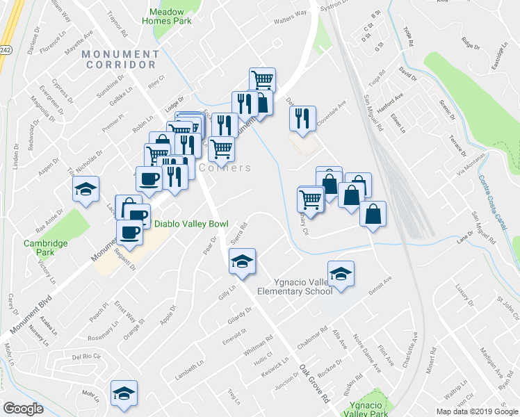 map of restaurants, bars, coffee shops, grocery stores, and more near 2039 Sierra Road in Concord