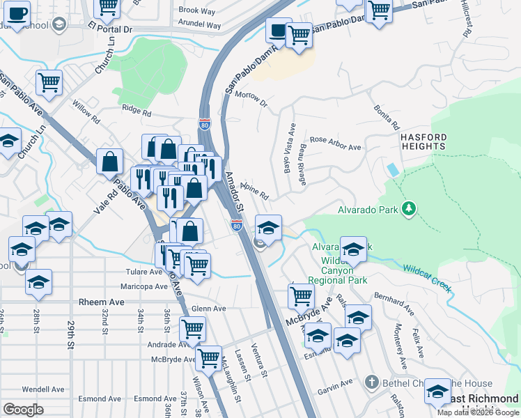 map of restaurants, bars, coffee shops, grocery stores, and more near 1466 Marin Avenue in San Pablo