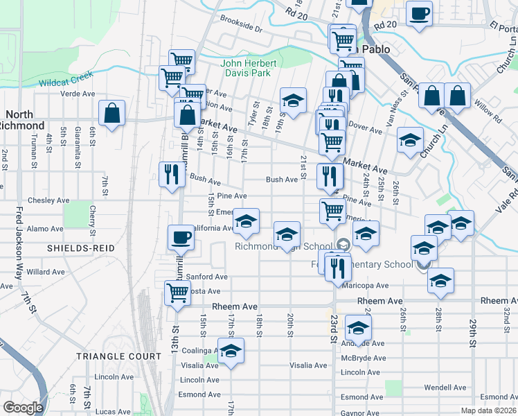map of restaurants, bars, coffee shops, grocery stores, and more near 1751 Emeric Avenue in San Pablo