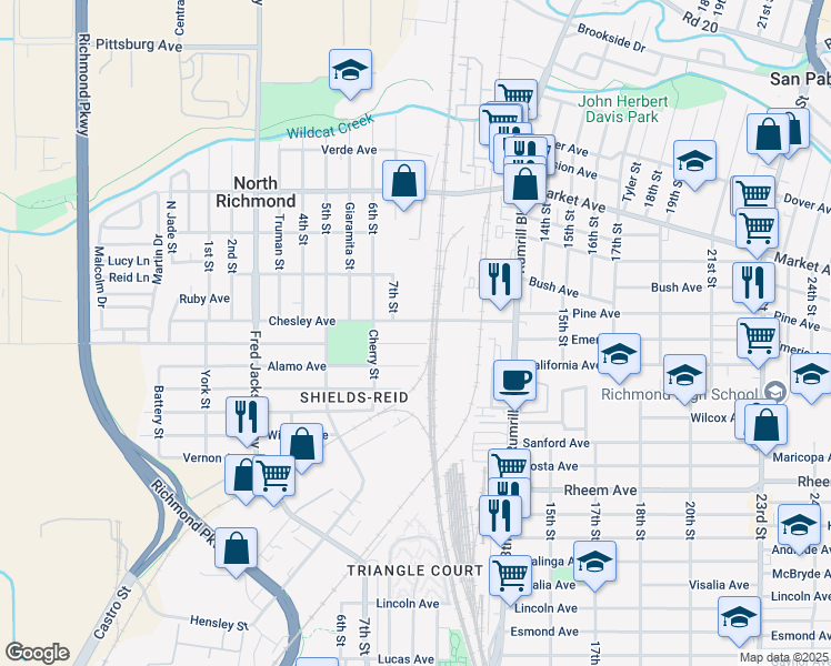 map of restaurants, bars, coffee shops, grocery stores, and more near 802 Chesley Avenue in Richmond