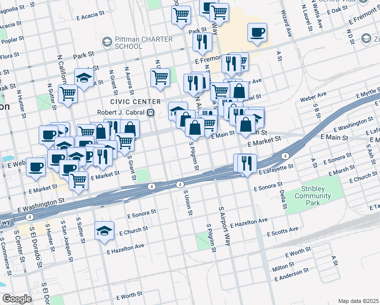 map of restaurants, bars, coffee shops, grocery stores, and more near 31 South Pilgrim Street in Stockton
