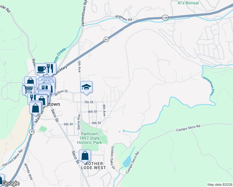 map of restaurants, bars, coffee shops, grocery stores, and more near 10645-10685 7th Street in Jamestown