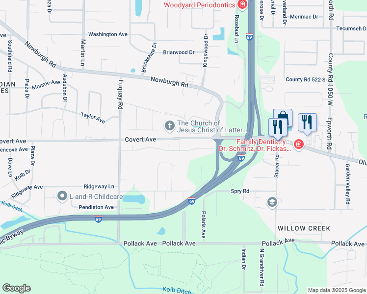 map of restaurants, bars, coffee shops, grocery stores, and more near 1616-1622 Alberta Drive in Evansville