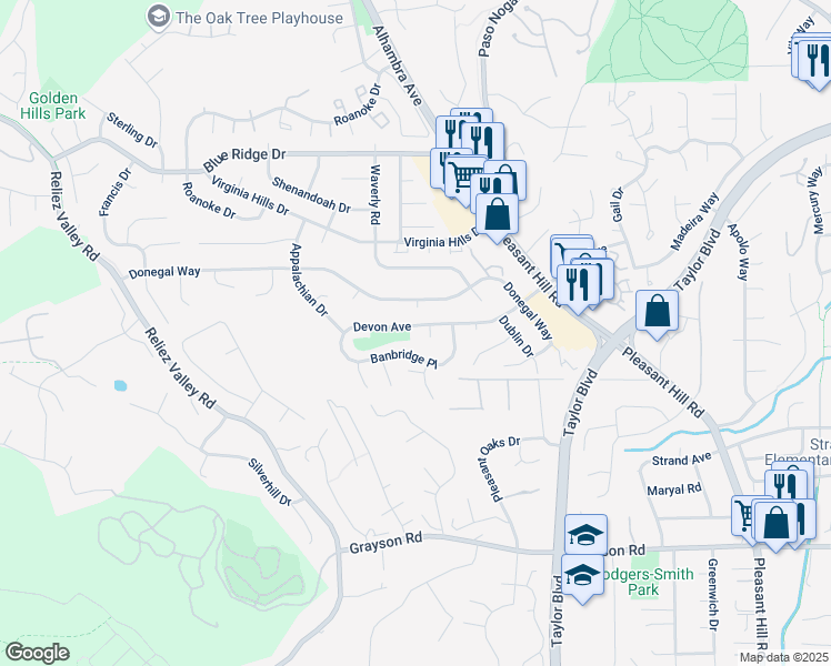 map of restaurants, bars, coffee shops, grocery stores, and more near 181 Devon Avenue in Pleasant Hill