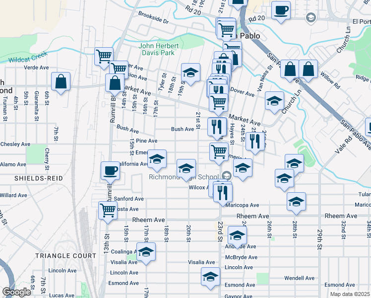 map of restaurants, bars, coffee shops, grocery stores, and more near 1935 Emeric Ave in San Pablo