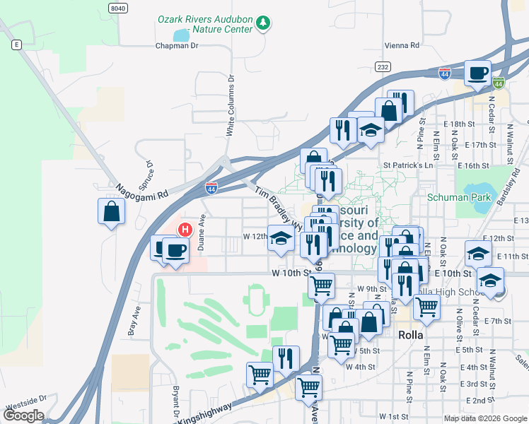 map of restaurants, bars, coffee shops, grocery stores, and more near 900 West 13th Street in Rolla