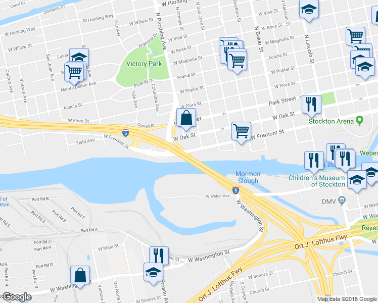 map of restaurants, bars, coffee shops, grocery stores, and more near 1429 W Fremont St in Stockton