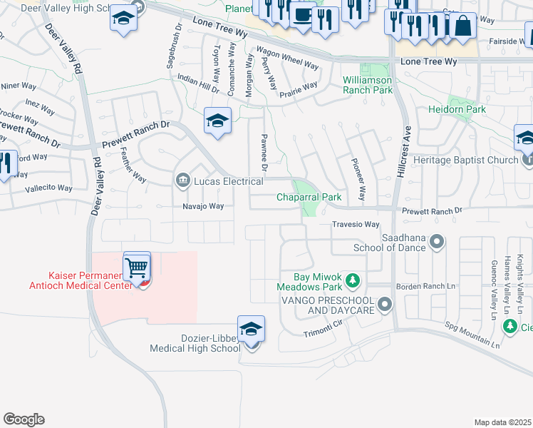 map of restaurants, bars, coffee shops, grocery stores, and more near 5120 Stagecoach Way in Antioch