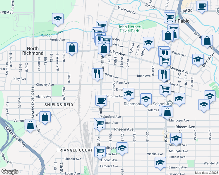 map of restaurants, bars, coffee shops, grocery stores, and more near 1501 Emeric Avenue in San Pablo