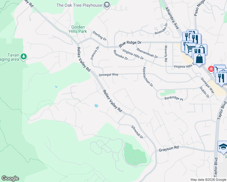 map of restaurants, bars, coffee shops, grocery stores, and more near 2542 Pebble Beach Loop in Lafayette