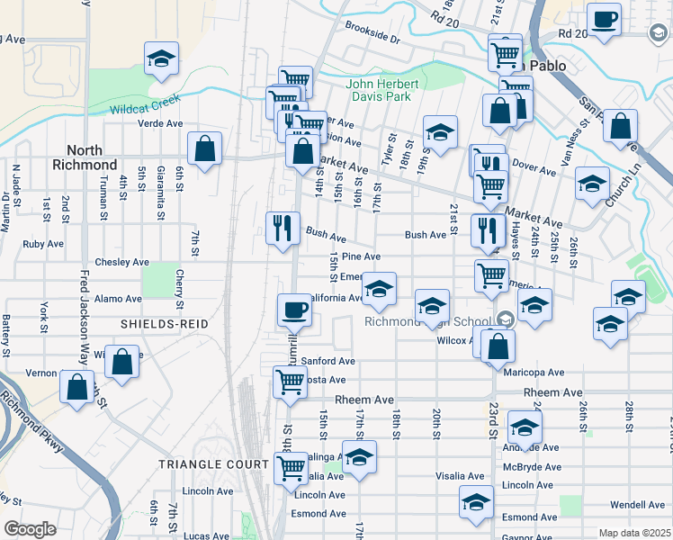 map of restaurants, bars, coffee shops, grocery stores, and more near 1501 Emeric Avenue in San Pablo