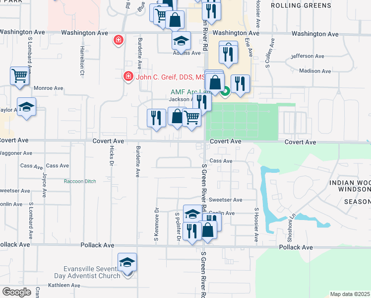 map of restaurants, bars, coffee shops, grocery stores, and more near 4609 Covert Avenue in Evansville