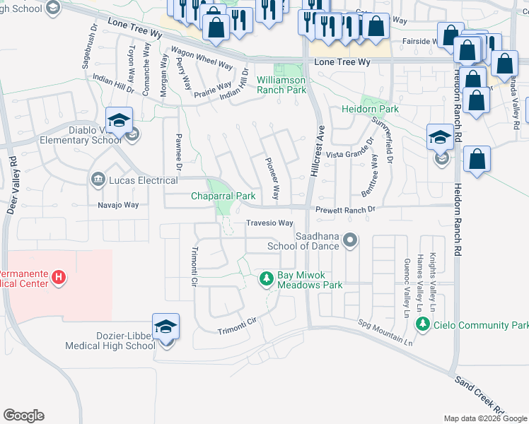 map of restaurants, bars, coffee shops, grocery stores, and more near 5242 Prewett Ranch Drive in Antioch