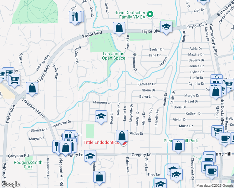 map of restaurants, bars, coffee shops, grocery stores, and more near 1872 Helen Road in Pleasant Hill