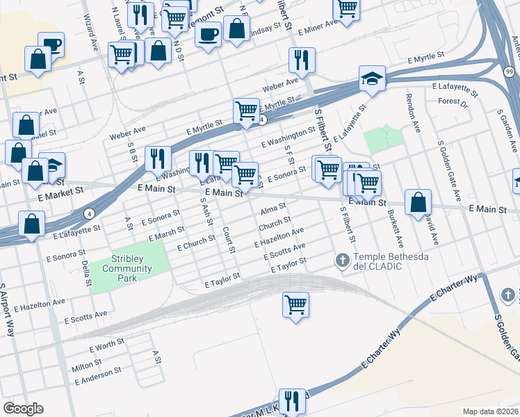 map of restaurants, bars, coffee shops, grocery stores, and more near 2315 Alma Street in Stockton