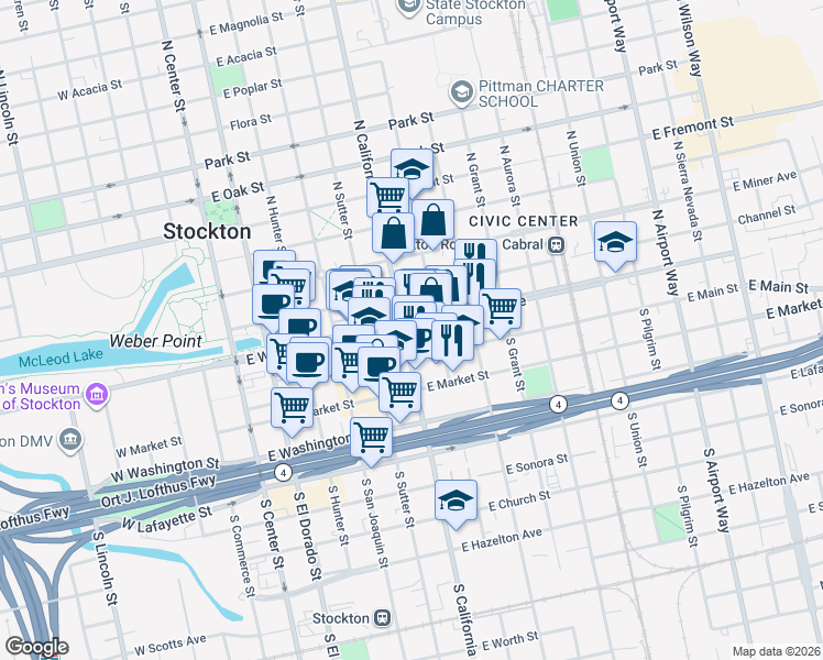 map of restaurants, bars, coffee shops, grocery stores, and more near 524 East Weber Avenue in Stockton