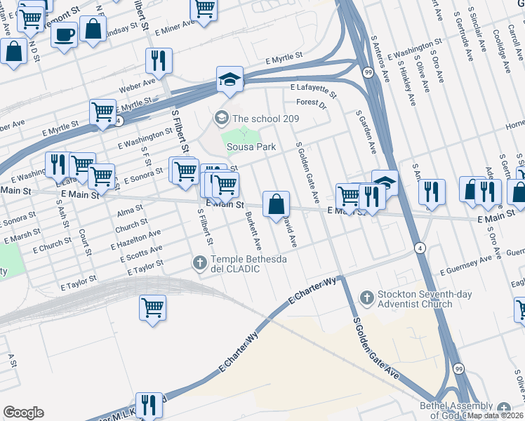 map of restaurants, bars, coffee shops, grocery stores, and more near 701 South Shasta Avenue in Stockton