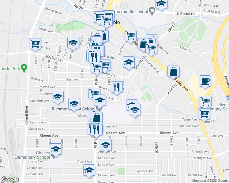 map of restaurants, bars, coffee shops, grocery stores, and more near 2432 Pine Avenue in Richmond