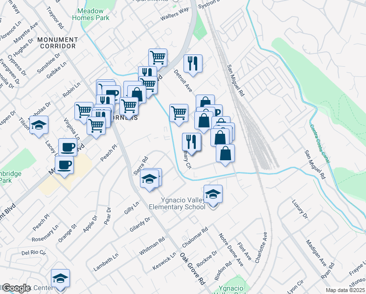 map of restaurants, bars, coffee shops, grocery stores, and more near 1061 Shary Cir in Concord