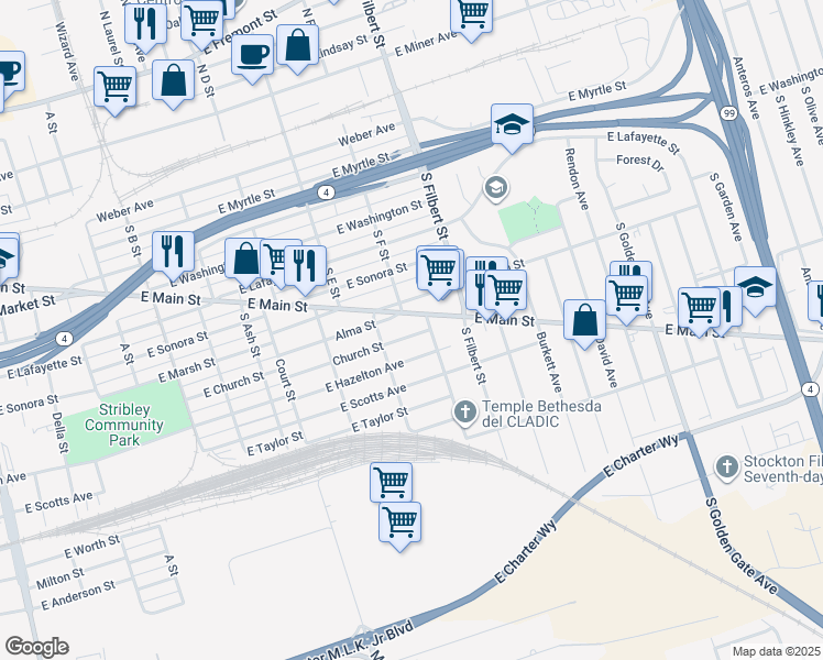 map of restaurants, bars, coffee shops, grocery stores, and more near 2431 Church Street in Stockton