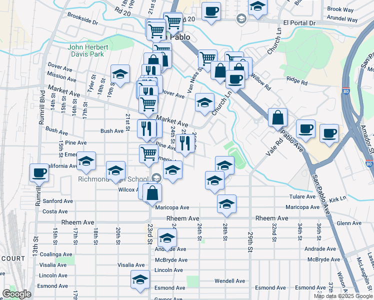 map of restaurants, bars, coffee shops, grocery stores, and more near 2501 Pine Avenue in Richmond