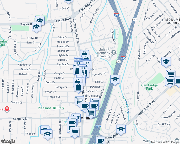 map of restaurants, bars, coffee shops, grocery stores, and more near 1606 Wendy Drive in Pleasant Hill