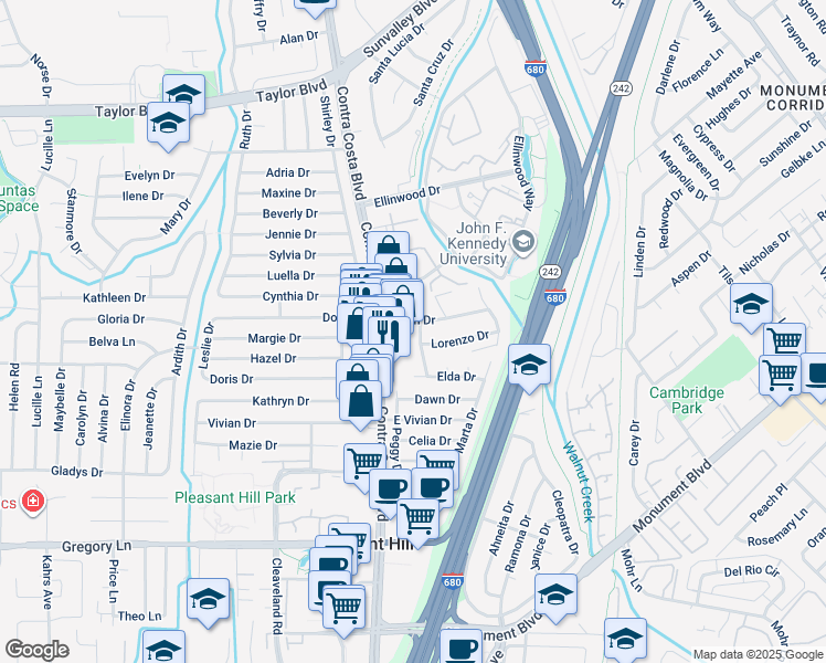 map of restaurants, bars, coffee shops, grocery stores, and more near 1606 Wendy Drive in Pleasant Hill