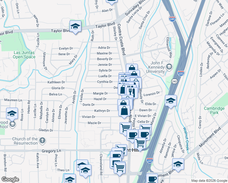 map of restaurants, bars, coffee shops, grocery stores, and more near 112 Margie Drive in Pleasant Hill