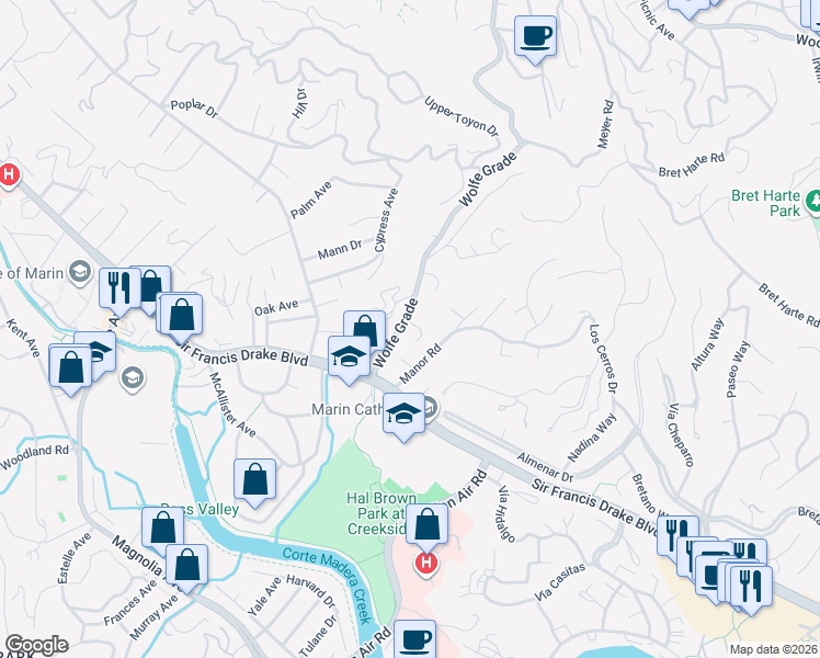 map of restaurants, bars, coffee shops, grocery stores, and more near 10 Kentdale Lane in Kentfield