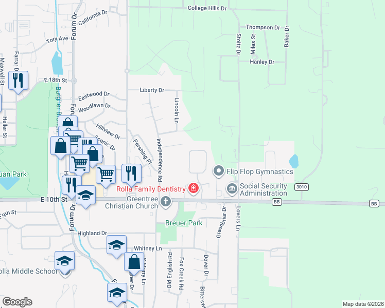 map of restaurants, bars, coffee shops, grocery stores, and more near 1523 Timber Creek Road in Rolla