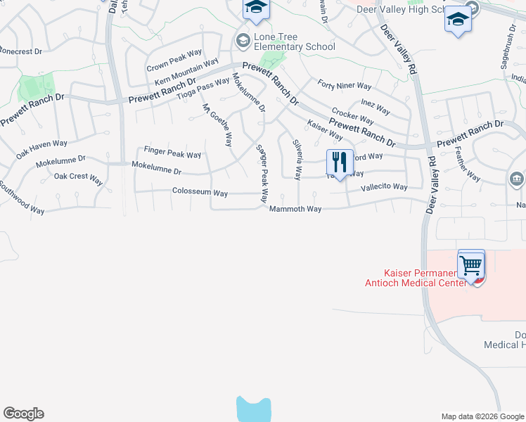 map of restaurants, bars, coffee shops, grocery stores, and more near 2384 Mammoth Way in Antioch