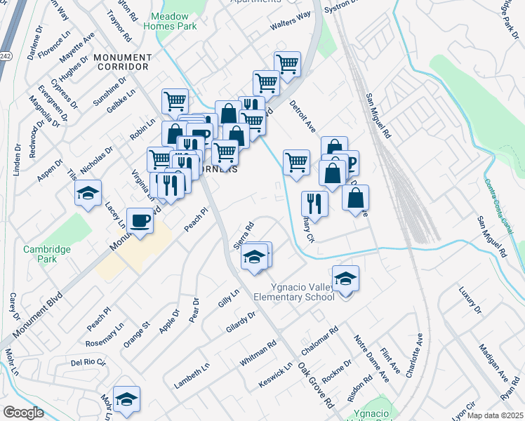 map of restaurants, bars, coffee shops, grocery stores, and more near 2039 Sierra Road in Concord