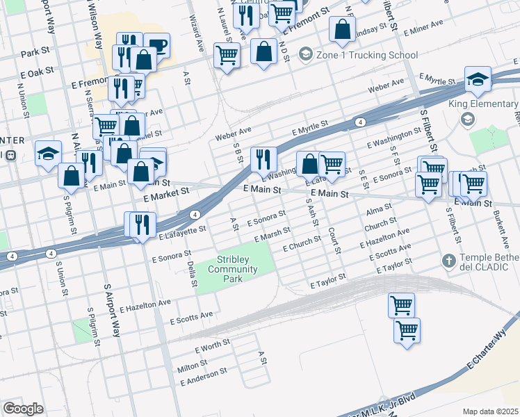 map of restaurants, bars, coffee shops, grocery stores, and more near 2020 East Lafayette Street in Stockton