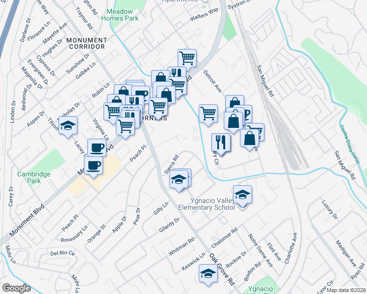 map of restaurants, bars, coffee shops, grocery stores, and more near 2039 Sierra Road in Concord