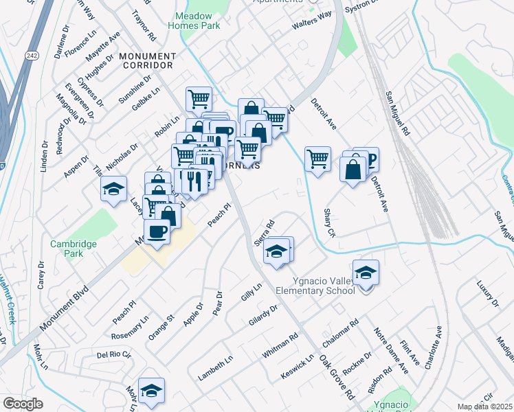 map of restaurants, bars, coffee shops, grocery stores, and more near 1050 Oak Grove Road in Concord