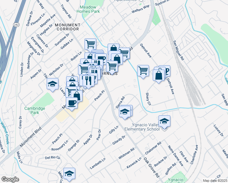 map of restaurants, bars, coffee shops, grocery stores, and more near 1050 Oak Grove Road in Concord