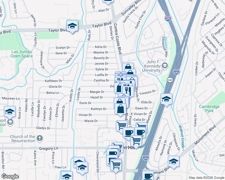 map of restaurants, bars, coffee shops, grocery stores, and more near 112 Margie Drive in Pleasant Hill
