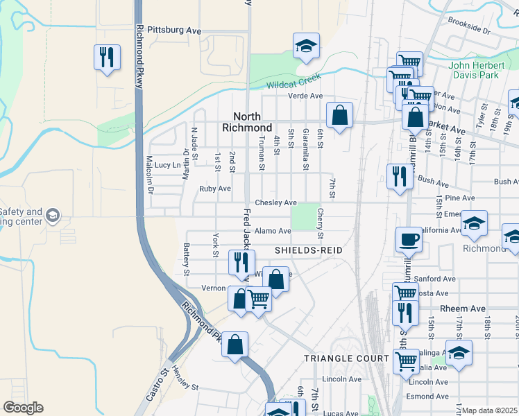map of restaurants, bars, coffee shops, grocery stores, and more near 416 Chesley Avenue in Richmond