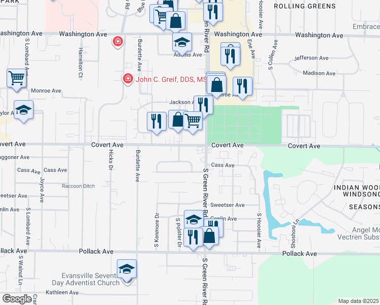 map of restaurants, bars, coffee shops, grocery stores, and more near 1601 South Green River Road in Evansville