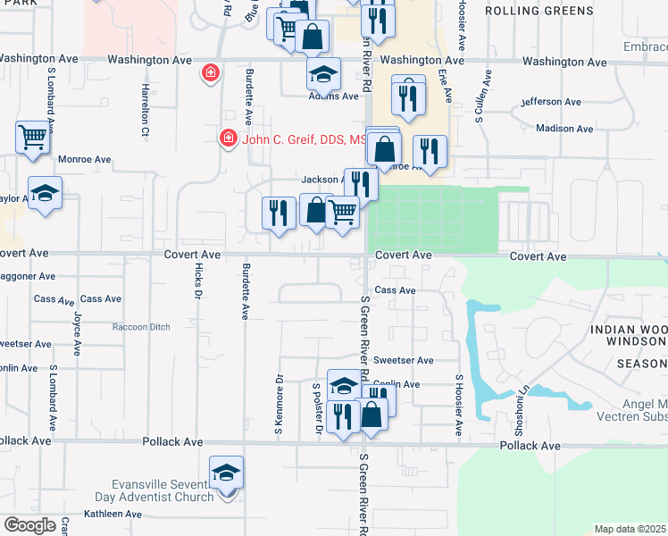map of restaurants, bars, coffee shops, grocery stores, and more near 1610 South Polster Drive in Evansville