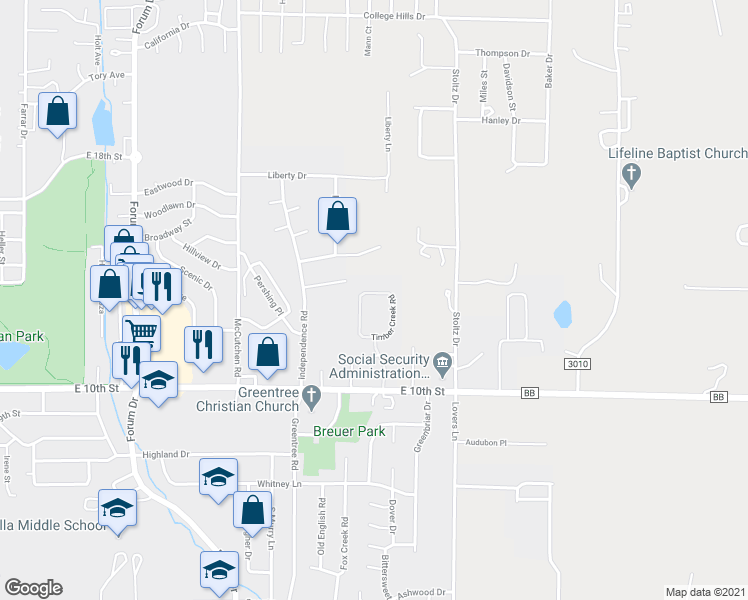 map of restaurants, bars, coffee shops, grocery stores, and more near 1539 Timber Creek Road in Rolla