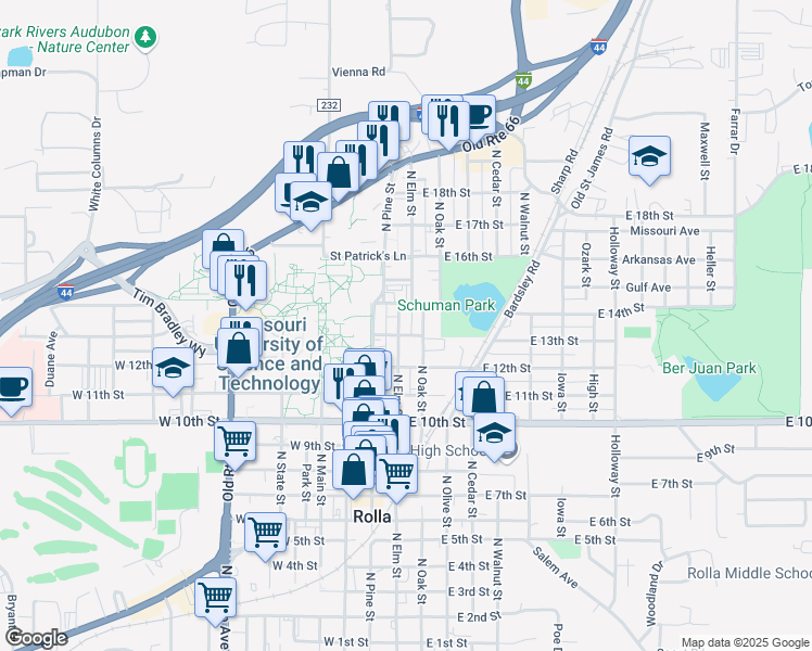 map of restaurants, bars, coffee shops, grocery stores, and more near 1301 North Oak Street in Rolla