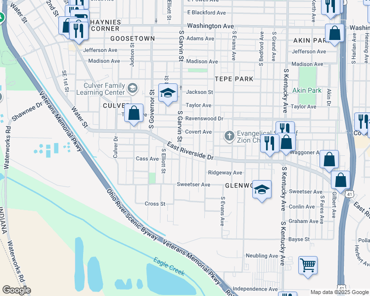 map of restaurants, bars, coffee shops, grocery stores, and more near 608 East Riverside Drive in Evansville