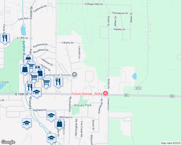 map of restaurants, bars, coffee shops, grocery stores, and more near 1534 Timber Creek Road in Rolla