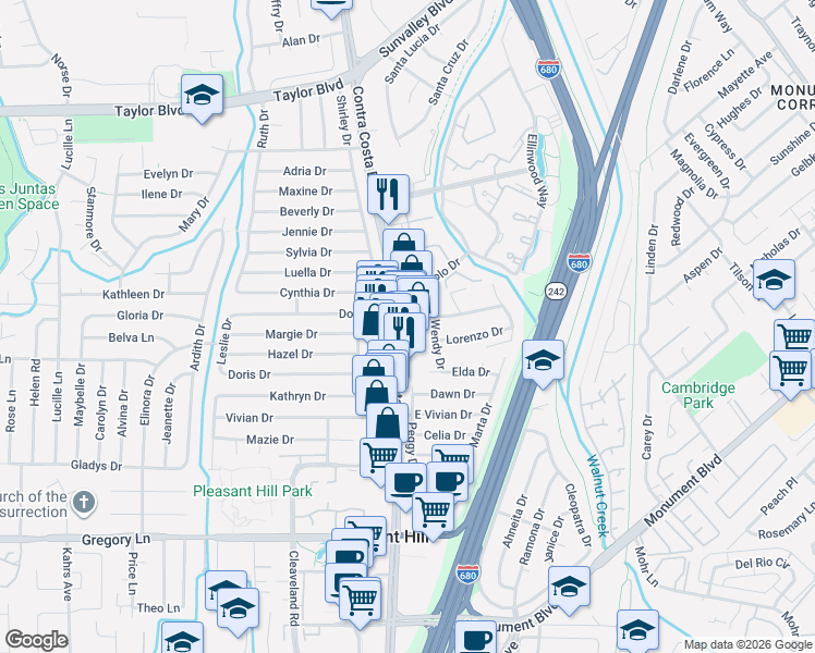 map of restaurants, bars, coffee shops, grocery stores, and more near 1600 Contra Costa Boulevard in Pleasant Hill